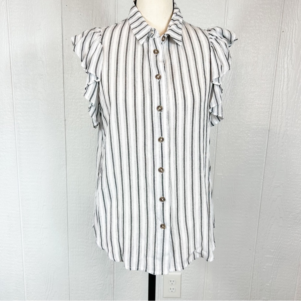 Maeve Anthopologie White and Navy Blue Ruffle Sleeve Button Down Top XS